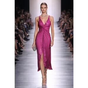 Jewel Badgley Mischka Drew Fuchsia Draped Lace Accent Pleated Dress Twisted sz 4